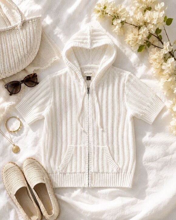 Sonoma Sweaters - Sonoma White Cotton Hooded Zip Sweater Short Sleeve Knit M